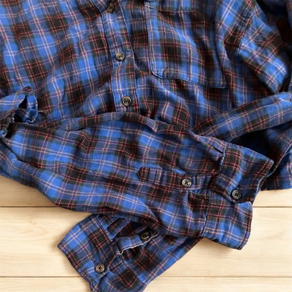 2/$30 Forever 21 Western Cropped Long Sleeve Plaid Button Up High Low Shirt Sz L - Picture 5 of 5